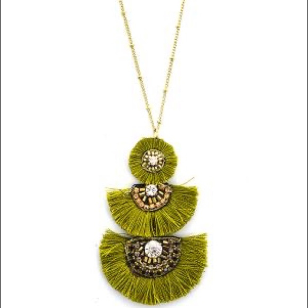 Layered thread tassel olive green necklace